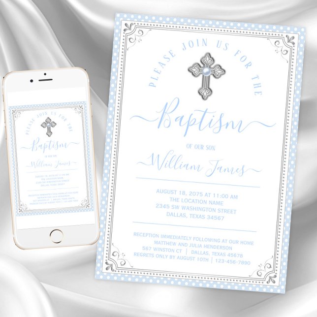 Convite Batismo de Bebê Azul Prata Menino (Baby blue silver baptism invitations. Instant download and printed invitations available.)