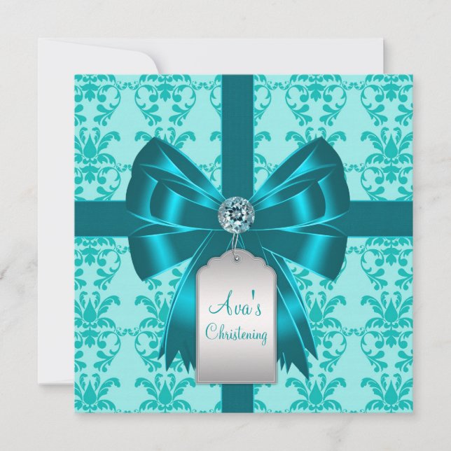 Convite Batismo de Bebê em Azul Turquesa Damask (Frente)