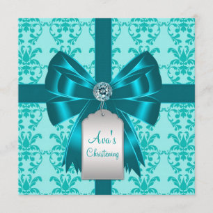 Convite Batismo de Bebê em Azul Turquesa Damask