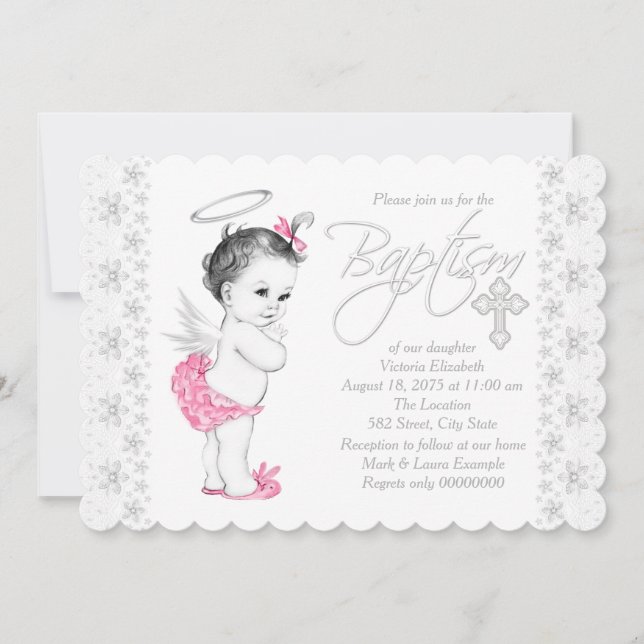 Convite Batismo de Bebê Menina Anjo Rosa (Frente)