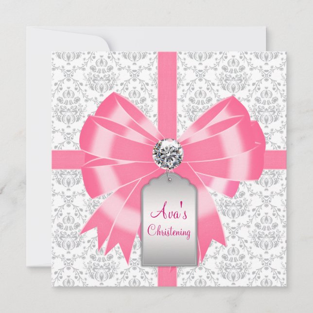Convite Batismo de Bebê Menina Damask Cinza Rosa (Frente)