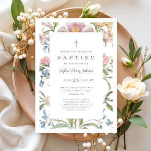 Convite Batismo de Bebê Menina Floral Vintage Elegante