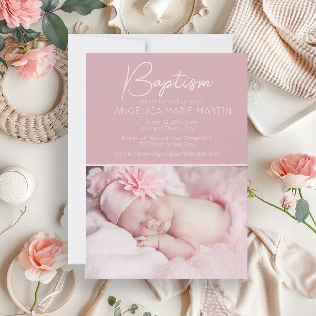 Convite Batismo de Bebê Menina Rosa Blush Foto (Blush pink baby baptism photo invitation)