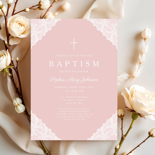 Convite Batismo de Bebê Menina Rosa de Renda Elegante (Elegant Lace Pink Baby Girl Baptism Invitation)