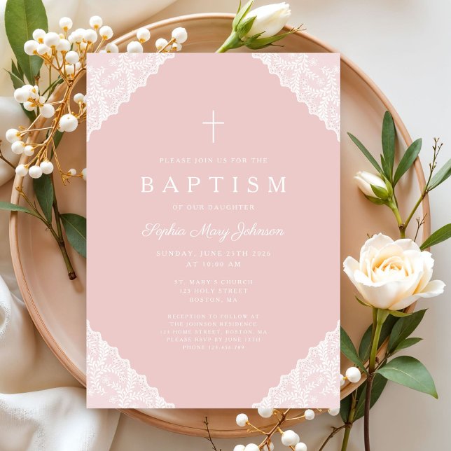 Convite Batismo de Bebê Menina Rosa de Renda Elegante (Elegant Lace Pink Baby Girl Baptism Invitation)
