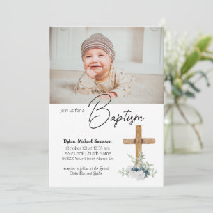 Convite Batismo de Bebê Menino com Cruz de Madeira e Foto