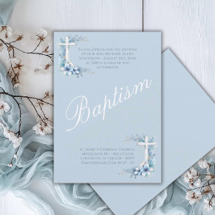 Convite Batismo de Bebê Menino Religioso Azul Elegante