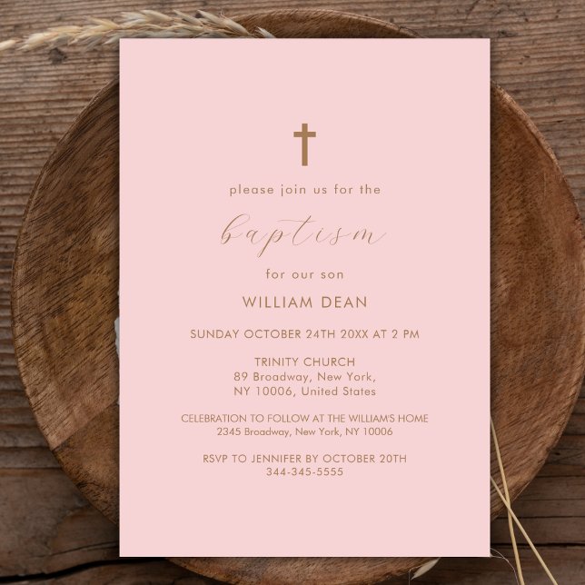 Convite Batismo de Boho Cross, Script Moderno Rosa e Doura (Pink & Gold Modern Script Boho Cross Baptism Invitation)