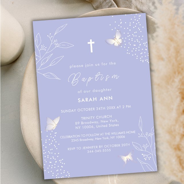 Convite Batismo de borboleta de folhas simples e elegantes (Elegant Simple Leave Butterfly Cross Baptism Invitation)