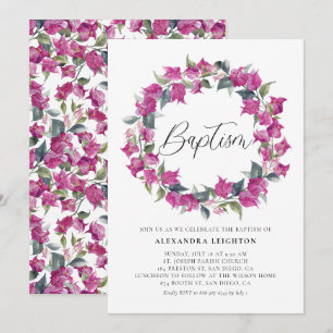 Convite Batismo de Bougainvillea Wreath Purple Watercolor