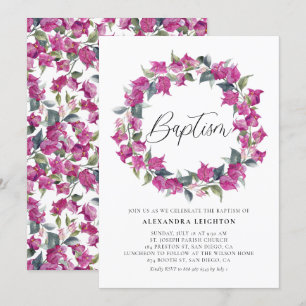 Convite Batismo de Bougainvillea Wreath Purple Watercolor