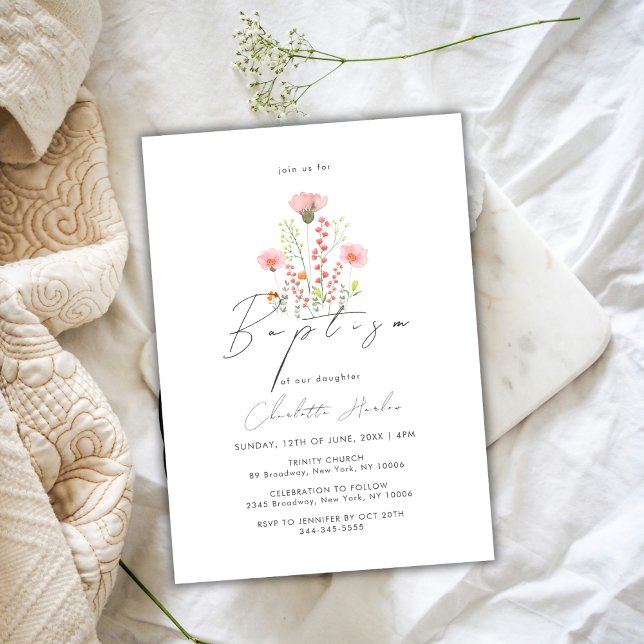 Convite Batismo de Caligrafia Floral Elegante (Elegant Wildflower Floral Calligraphy Baptism Invitation)