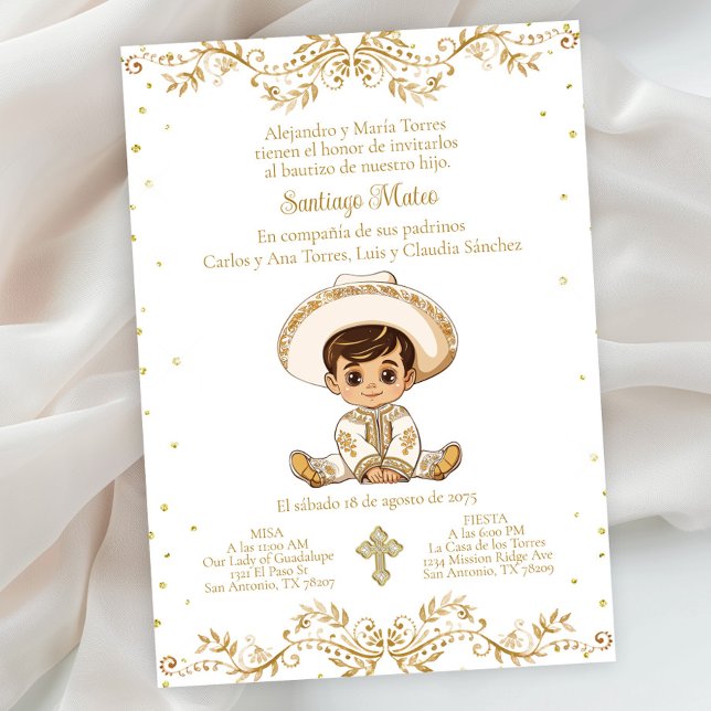 Convite Batismo de Charro Espanhol Menino (Boy gold charro baptism invitation. Simply add your event details.)