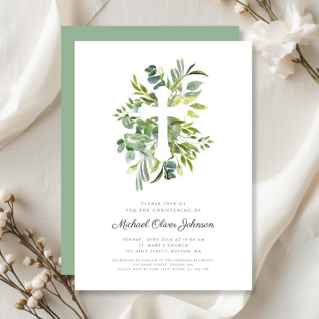 Convite Batismo de Cruz Religiosa Moderna com Folhagens (Modern Religious Cross Greenery Christening Invitation)
