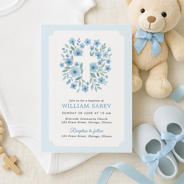 Convite Batismo de estilo de tíquete em azul (Soft blue baptism invite with teddy bear and ribbon – perfect for baby boy christening)