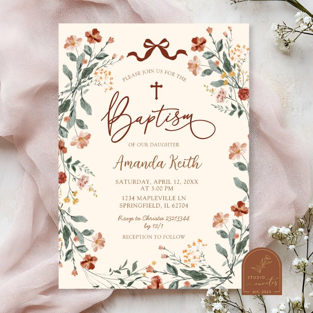 Convite Batismo de Flor Silvestre Boho Coquette (Criador carregado)