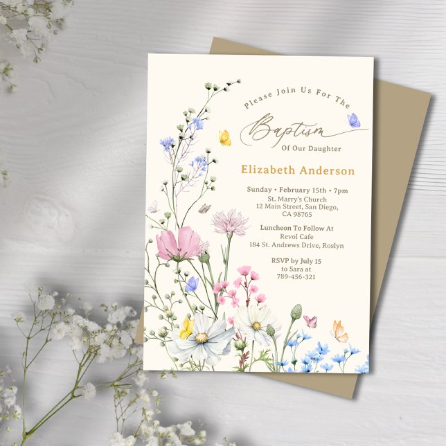 Convite Batismo de flor silvestre, rosa e azul-pastel (Pastel Pink & Blue Whimsical Wildflower Baptism Invitation)