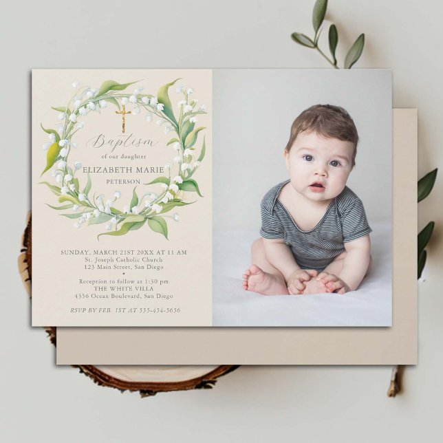 Convite Batismo de Foto Chic Formal Dourado Cross Valley (child baptism invitation photo lily valley floral wreath watercolor christening)