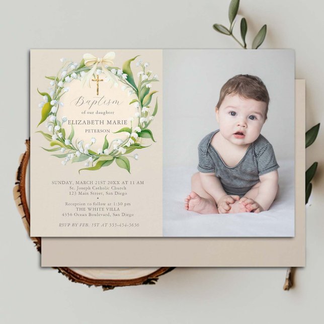 Convite Batismo de Foto Chic Formal Dourado do Arco Lily V (baptism invitation child photo christening christian cross lily valley floral wreath watercolor chic)