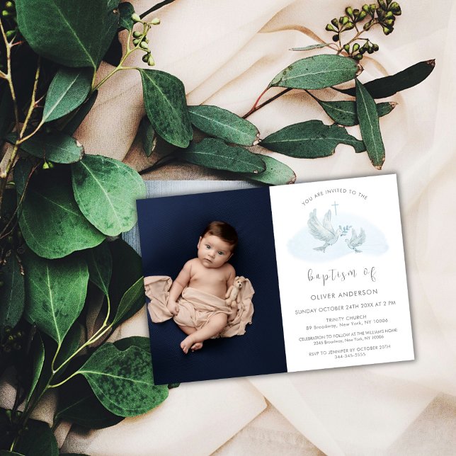 Convite Batismo de Foto Cruzada de Pássaro Simples Azul (Blue Simple Watercolor Bird Photo Cross Baptism Invitation)