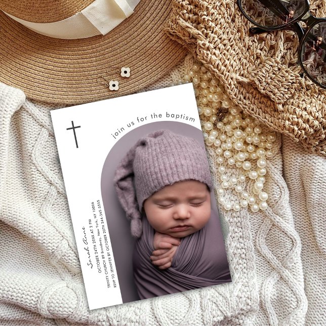 Convite Batismo de Foto do Bebê Cruzado com Arca Moderna (Modern Boho Arch Cross Baby Photo Baptism Invitation)