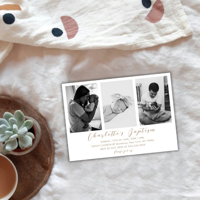 Convite Batismo de Foto do Bebê da Família Dourada Moderna (Modern Gold Script Family Baby Photo Baptism Invitation)