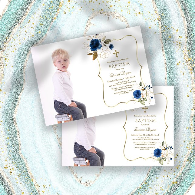 Convite Batismo de Foto do Dourado Floral Azul do Marinho  (blue flowers boy photo baptism, trendy blue floral photo baptism, blue gold boy photo baptism)
