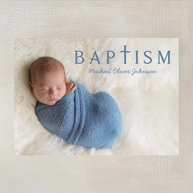Convite Batismo de Foto do Menino Azul Moderno (1 Photo Elegant Religious Blue Boy Baptism Invitation)