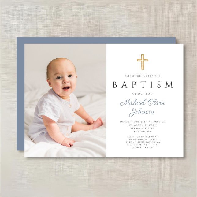 Convite Batismo de Foto do Menino Azul Moderno Dusty (Modern Dusty Blue Cross Boy Photo Baptism Invitation)