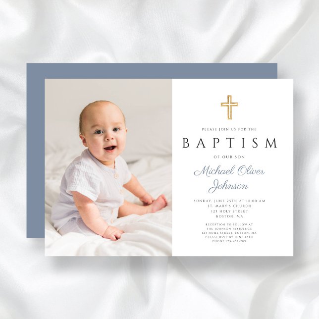 Convite Batismo de Foto do Menino Azul Moderno Dusty (Modern Dusty Blue Cross Boy Photo Baptism Invitation)