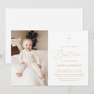 Convite Batismo de Foto Elegante Dourada e Branco Minimali