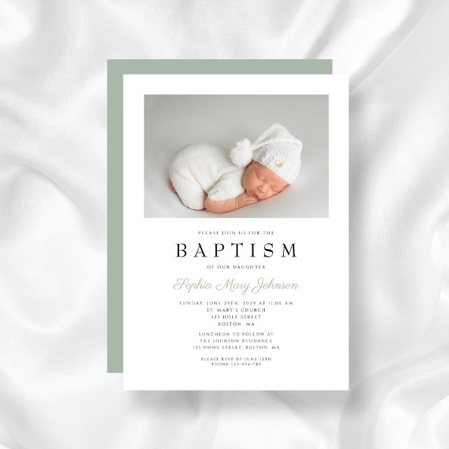 Convite Batismo de Foto Elegante Verde Sage (Sage Green Elegant Photo Boy Baptism Invitation)
