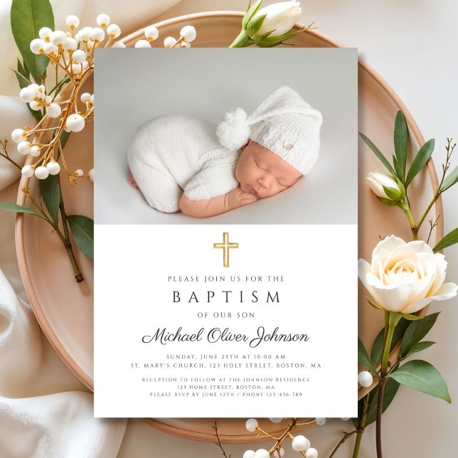 Convite Batismo de Foto Religiosa Elegante (Elegant Religious Cross Photo Baptism Invitation)