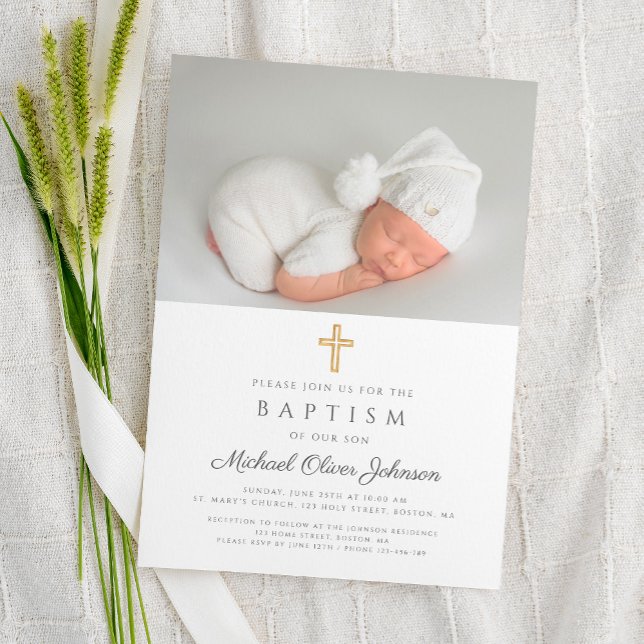 Convite Batismo de Foto Religiosa Elegante (Elegant Religious Cross Photo Baptism Invitation)