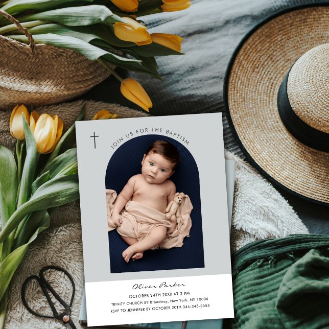Convite Batismo de Foto Simples Moderno do Arch do Boho (Simple Modern Boho Arch Cross Baby Photo Baptism Invitation)