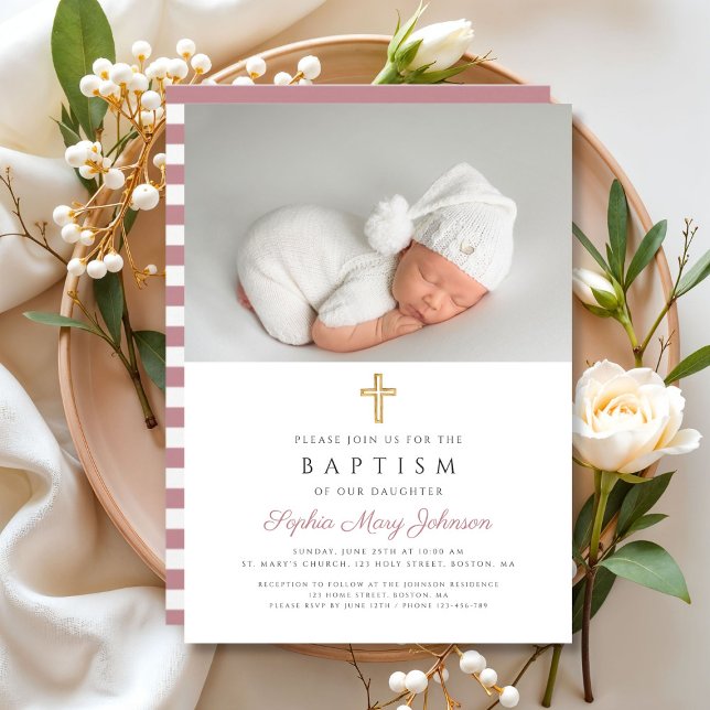 Convite Batismo de Fotografia Cruzada Religiosa em Greve R (Modern Pink Stripes Religious Cross Photo Baptism Invitation)