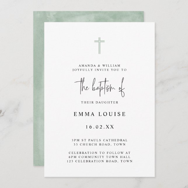 Convite Batismo de Fotografia de Cor Verde Elegante Minima (Frente/Verso)