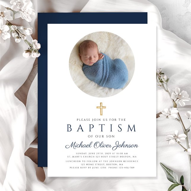 Convite Batismo de Fotografia do Elegante Marinho Blue Scr (Navy Blue Elegant Religious Boy Photo Baptism Invitation)
