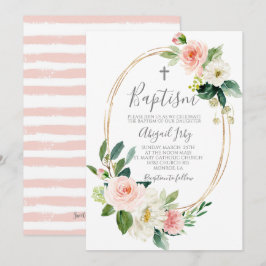 Convite Batismo de Frame Floral Rosa