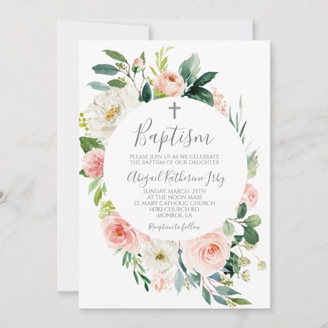 Convite Batismo de Frame Floral Rosa (Frente)