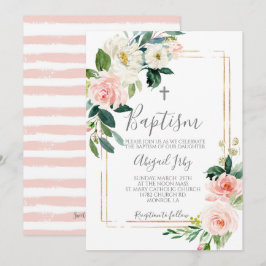 Convite Batismo de Frame Floral Rosa