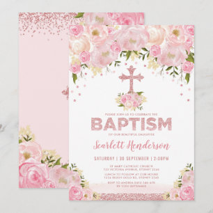 Convite Batismo De Garota Floral Cor-de-Rosa Com Brilho Do