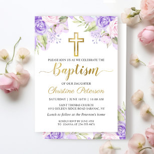 Convite Batismo de Garota Floral Púrpura de Aquarela Elega