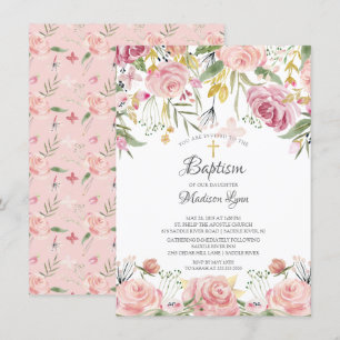 Convite Batismo De Garota Floral Rosa-Cinza-Cama