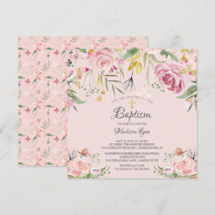 Convite Batismo De Garota Floral Rosa-Cinza Com Cama-De-Á