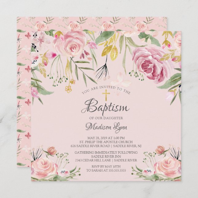 Convite Batismo De Garota Floral Rosa-Cinza Com Cama-De-Ág (Frente/Verso)