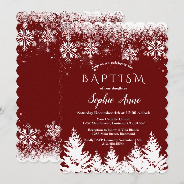 Convite Batismo de Garota Vermelha com Flocos de Neve Bran (Frente/Verso)
