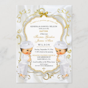 Convite Batismo de Gêmeos Meninos Crucifixo Dourado Branco