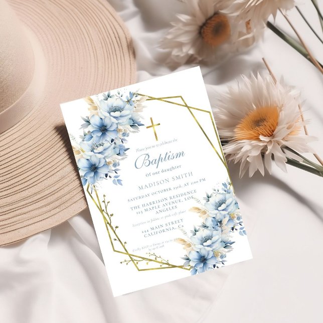Convite Batismo de Jardim Azul com na moda de flor selvage (Criador carregado)