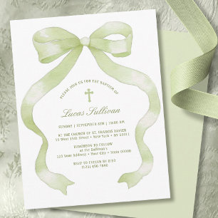 Convite Batismo de Laço Verde Elegante